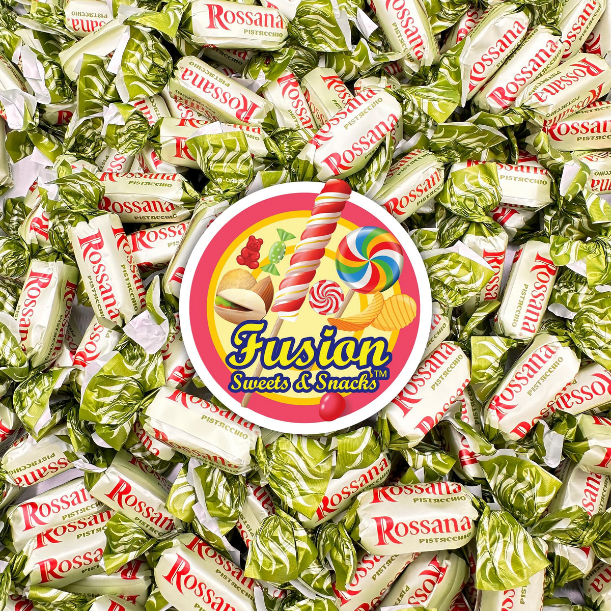 Store display of Fusion Sweets Rossana Pistachio Candy for shoppers.