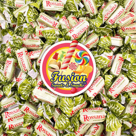 Store display of Fusion Sweets Rossana Pistachio Candy for shoppers.