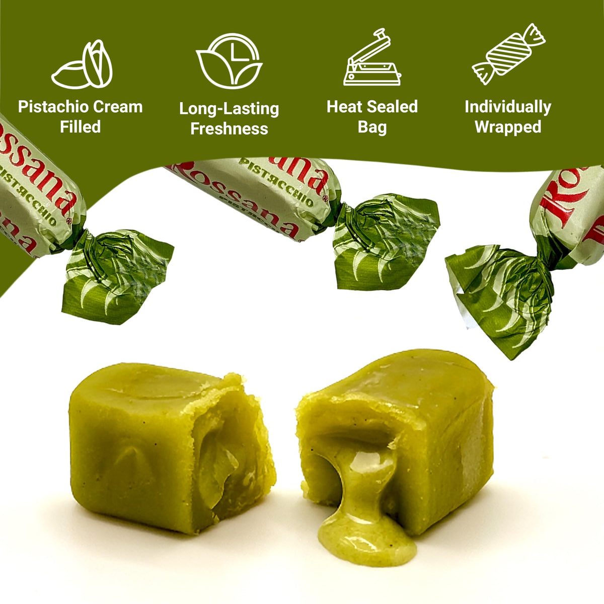 Close-up of Rossana Pistachio Candy center highlighting smooth texture and nuttiness.