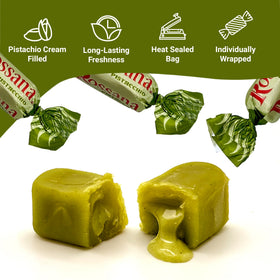 Close-up of Rossana Pistachio Candy center highlighting smooth texture and nuttiness.