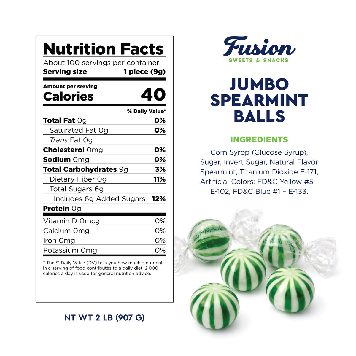 Fusion Sweets spearmint balls in a dish add festive color and freshness.