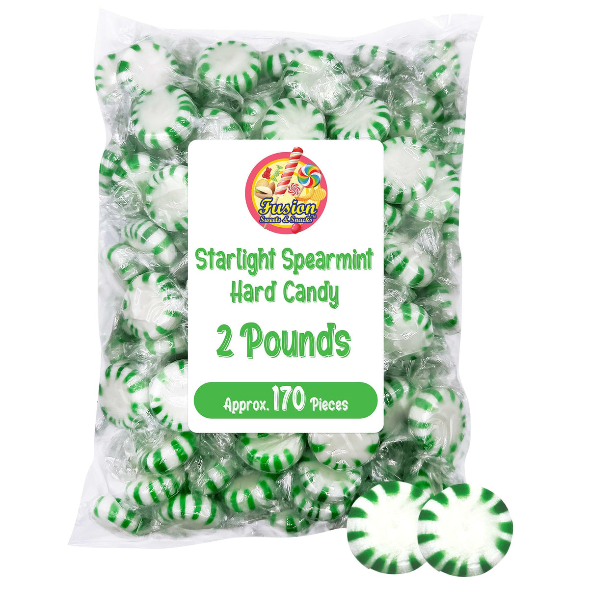 Fusion Sweets Starlight Spearmint bulk pack in a 2 lb bag, ideal for gatherings.