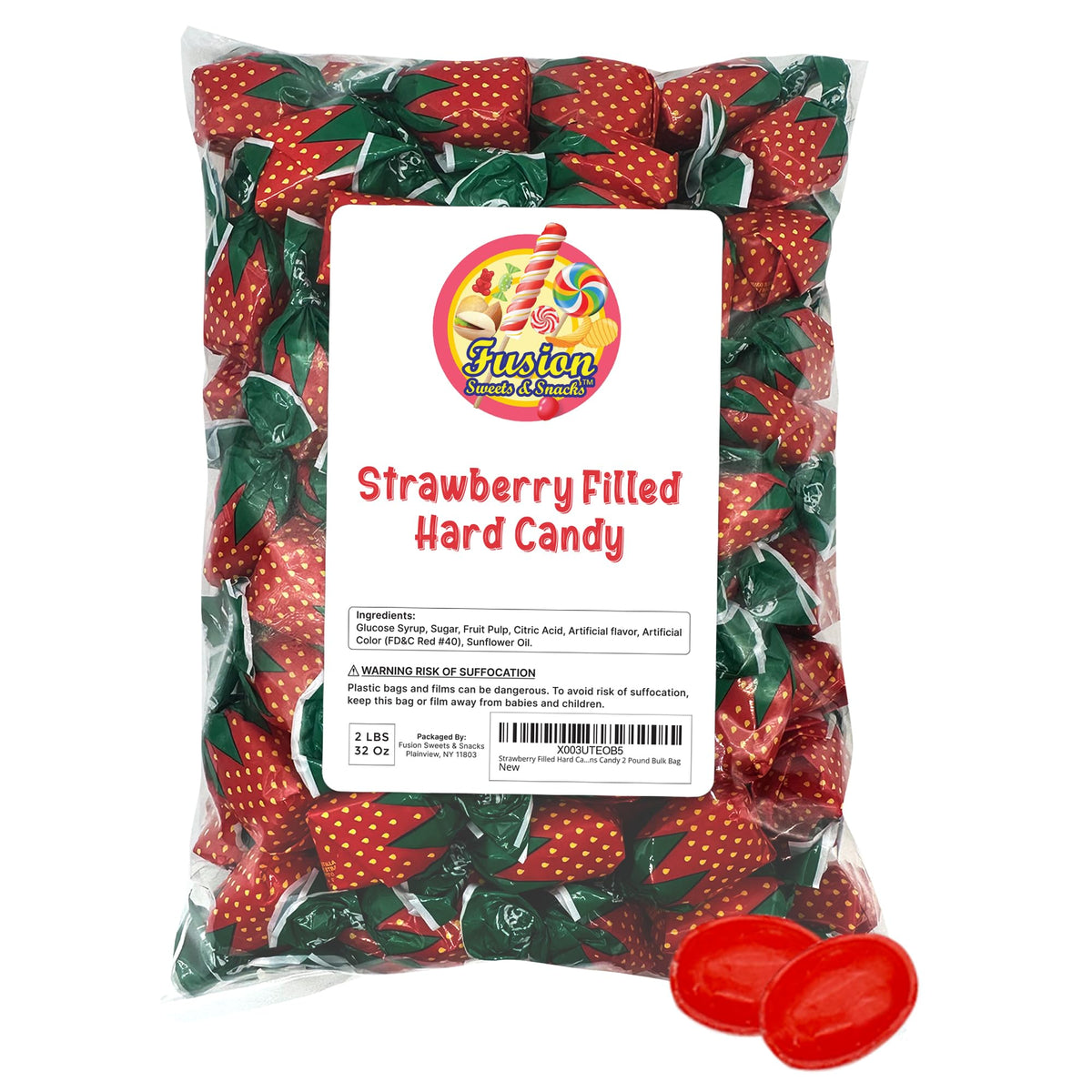 Fusion Sweets strawberry filled hard candy jar display showing bright red center