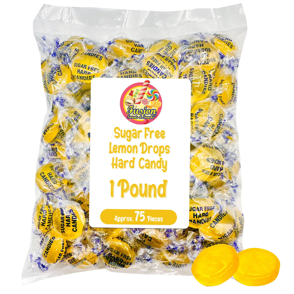 Fusion Sweets sugar-free lemon drops in 1lb bulk bag show vibrant citrus flavor and keto-friendly snacking