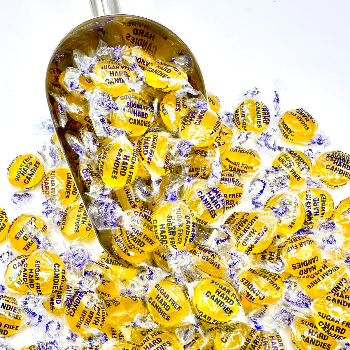 Fusion Sweets sugar-free lemon drops close-up reveals bright color and tart zest