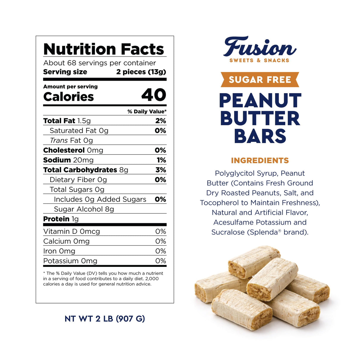 Fusion Sweets Sugar Free Peanut Butter Bars natural color tones on wrapper.