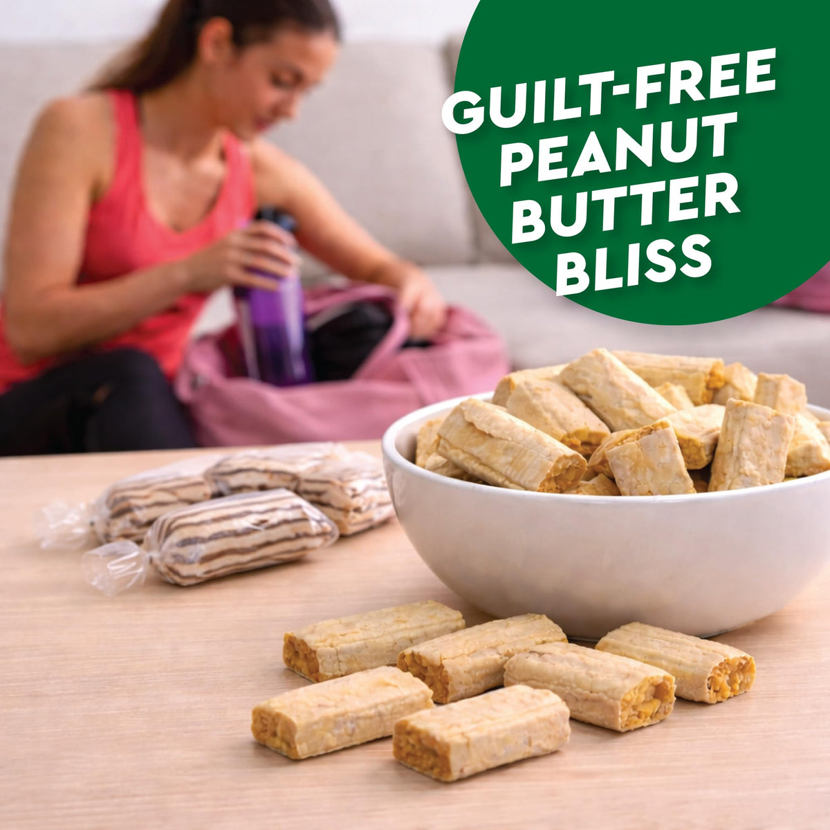Fusion Sweets Sugar Free Peanut Butter Bars cross-section shows creamy filling.