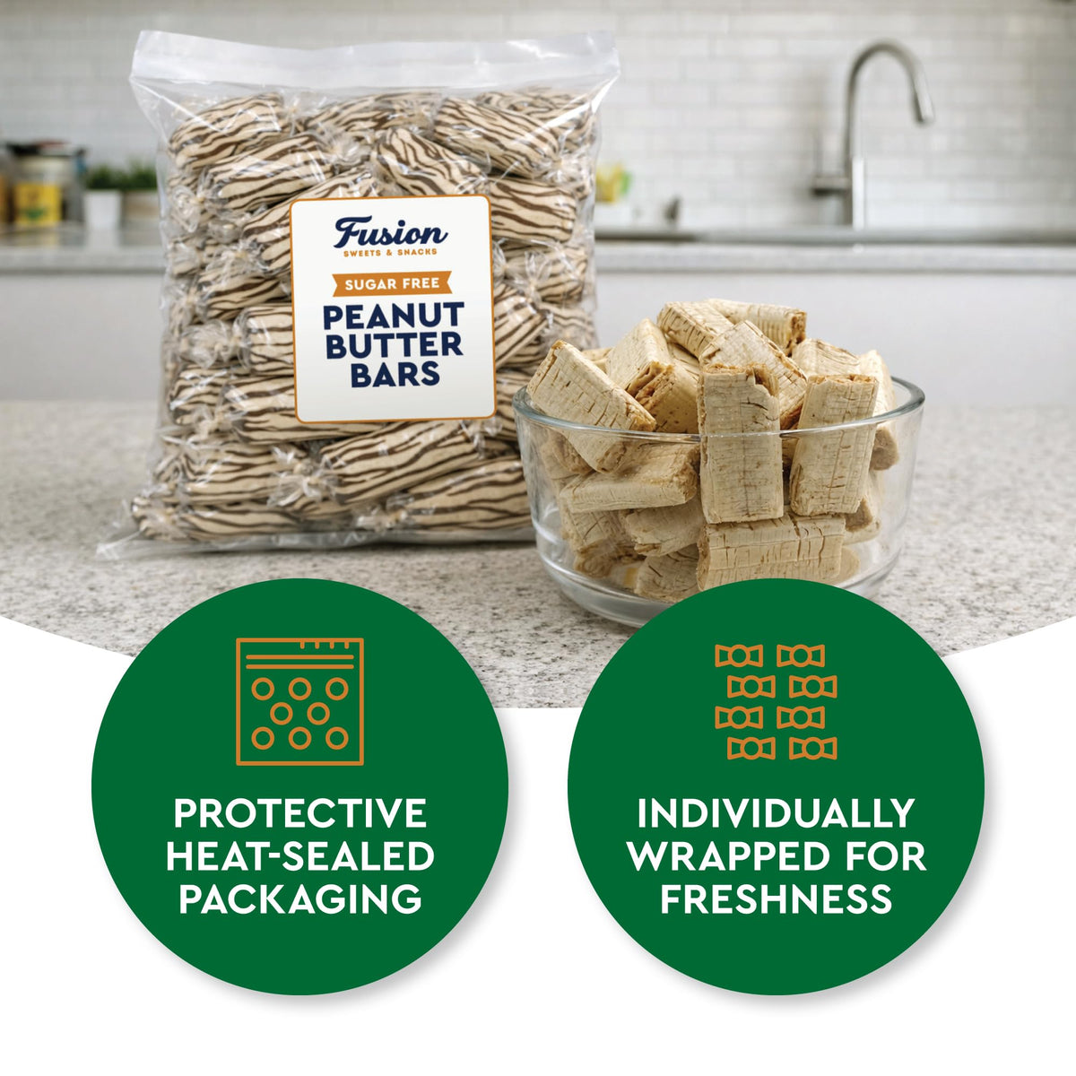 Fusion Sweets Sugar Free Peanut Butter Bars individually wrapped for on-the-go snacking.