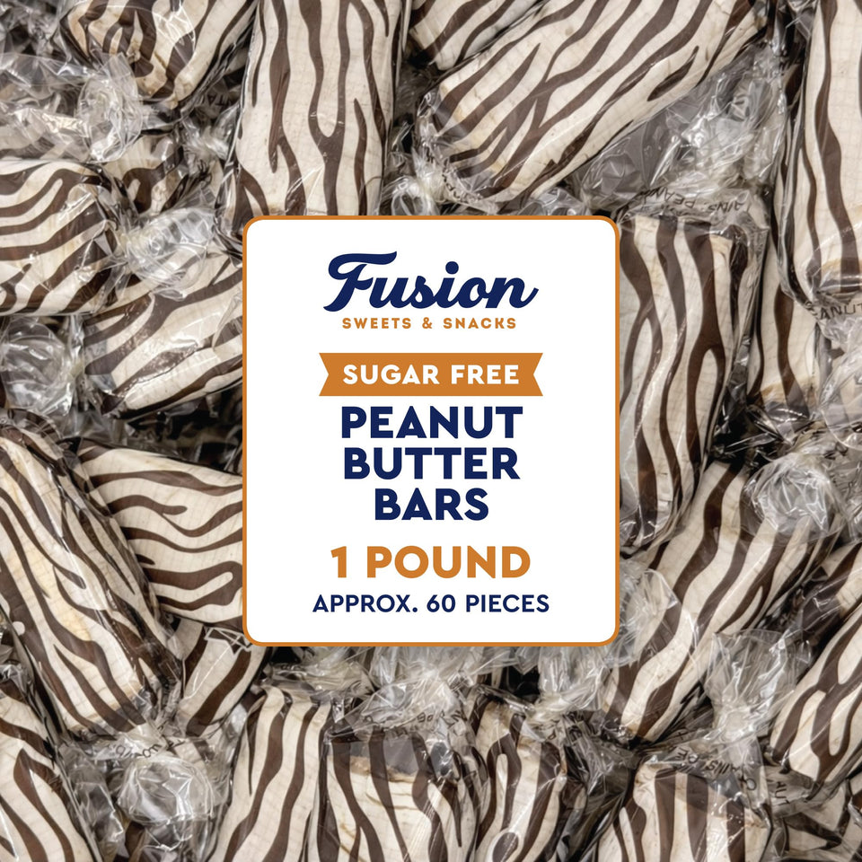 Fusion Sweets Sugar Free Peanut Butter Bars bulk-pack display, ideal for sharing at events.