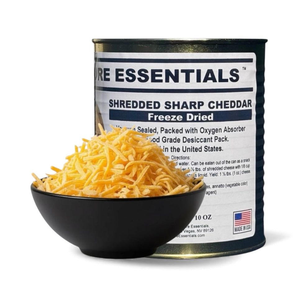 Future Essentials freeze-dried cheddar can packaging highlighting long shelf life and ready-to-store dairy