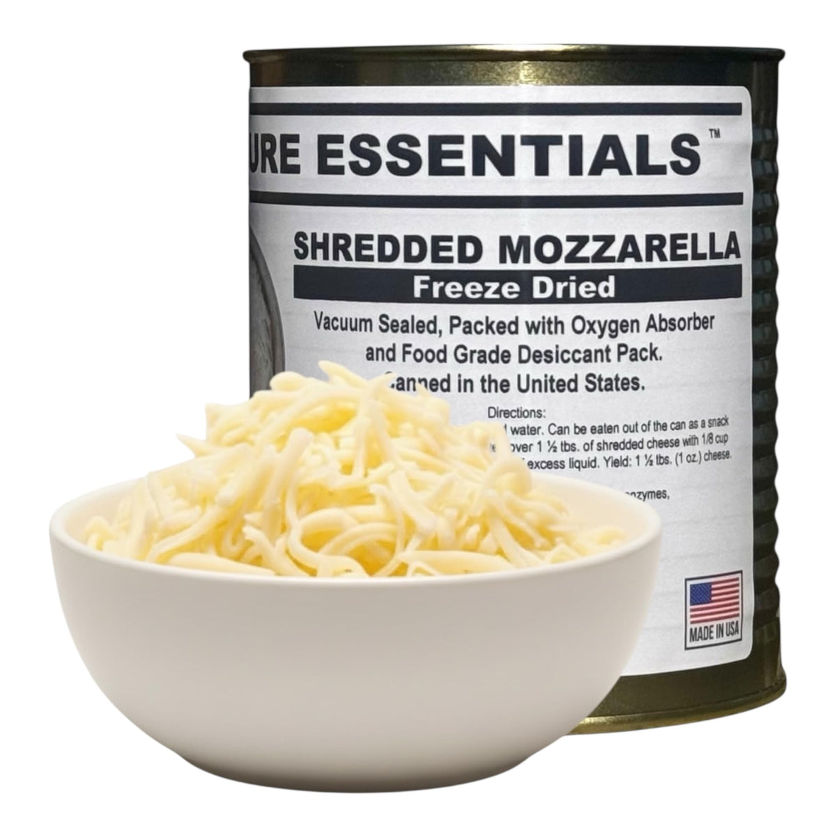 Future Essentials freeze-dried mozzarella can showing long shelf life for emergencies.