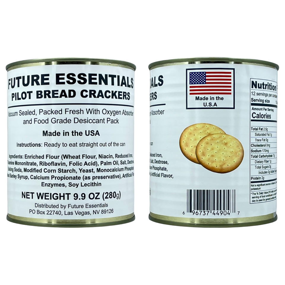 Future Essentials Pilot Bread can in emergency kit with long shelf stability.