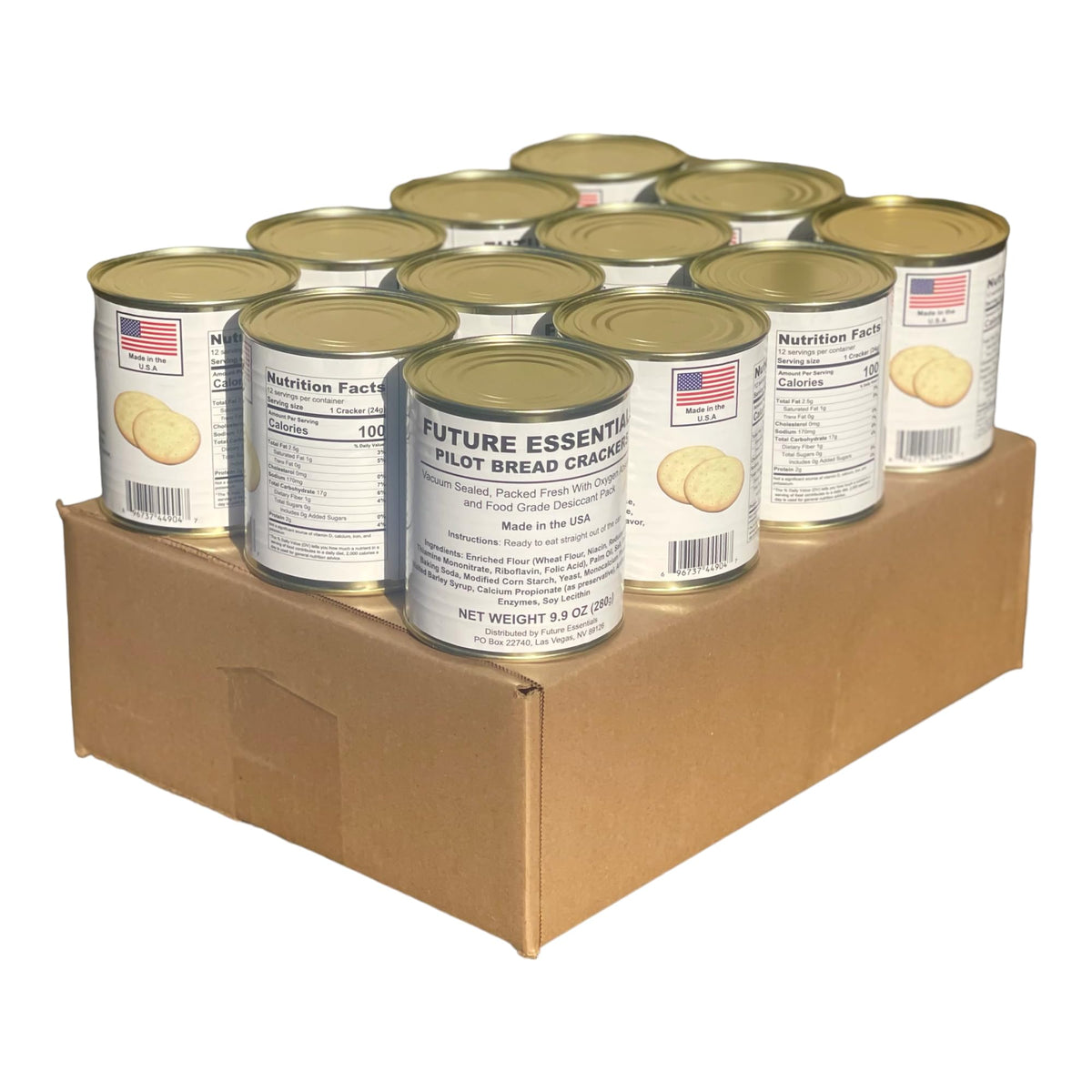 Future Essentials Pilot Bread survival crackers – front view of can for emergency pantry planning.