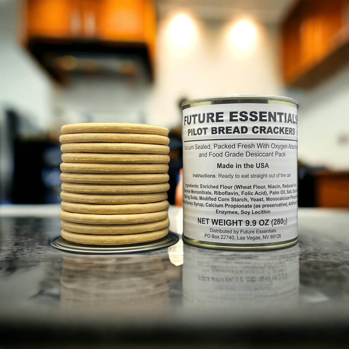 Future Essentials Pilot Bread survival crackers – serving suggestion with peanut butter for quick energy on hikes.