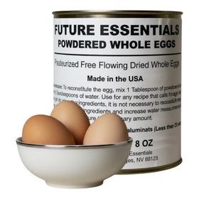 Future Essentials powdered eggs can for compact long-term protein storage in emergencies.