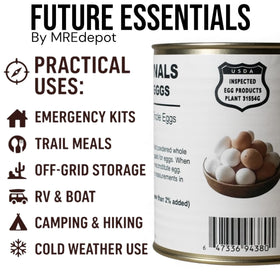 Future Essentials powdered eggs measuring spoon highlights precise rehydration for reliable cooking.