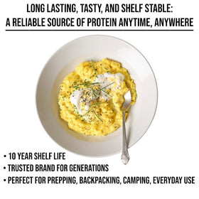 Future Essentials powdered eggs water-mix demonstrates quick prep for versatile meals on the go.