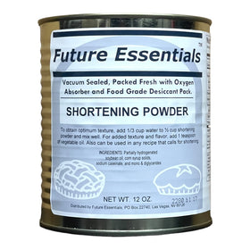 Future Essentials shortening powder can with label, ideal for shelf-stable cooking.