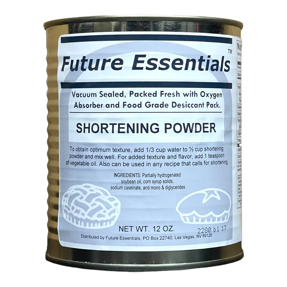 Future Essentials shortening powder can with label, ideal for shelf-stable cooking.