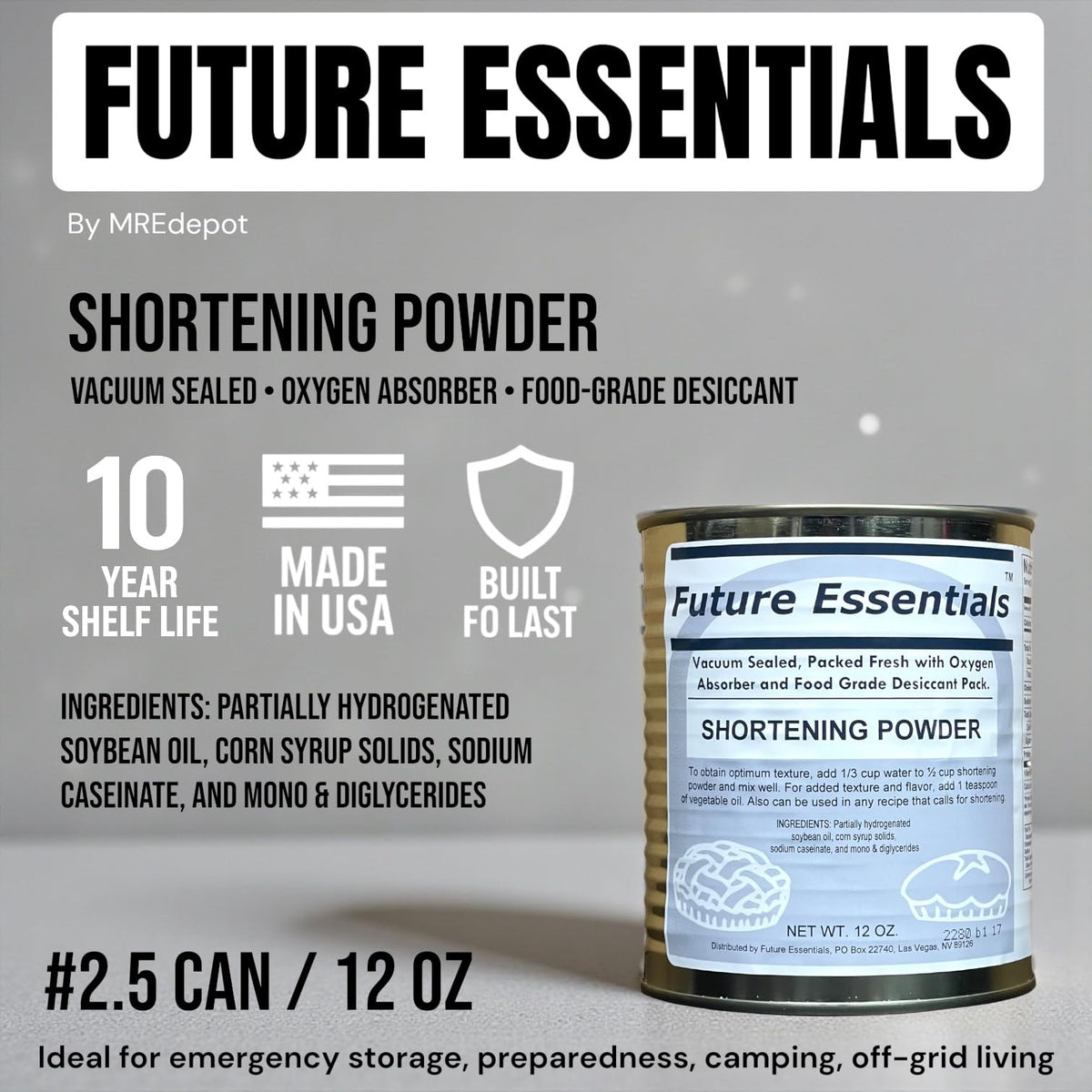 Future Essentials shortening powder reconstituted with water for frying and baking.