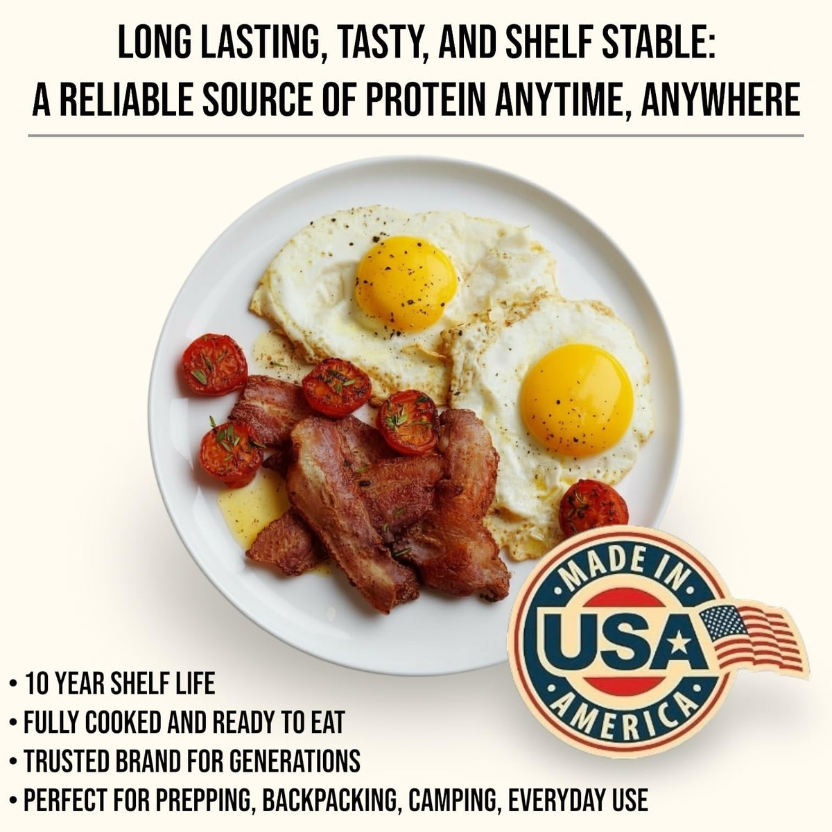 Future Essentials Yoder's bacon in camp scenario offering shelf-stable flavor.
