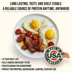 Future Essentials Yoder's bacon in camp scenario offering shelf-stable flavor.