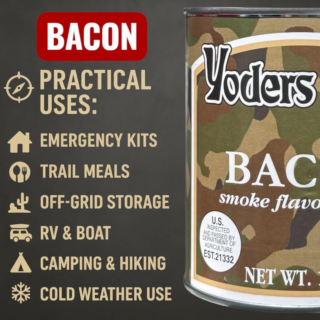 Future Essentials Yoder's bacon can opening near camp kitchen for fast meals.