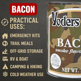 Future Essentials Yoder's bacon can opening near camp kitchen for fast meals.