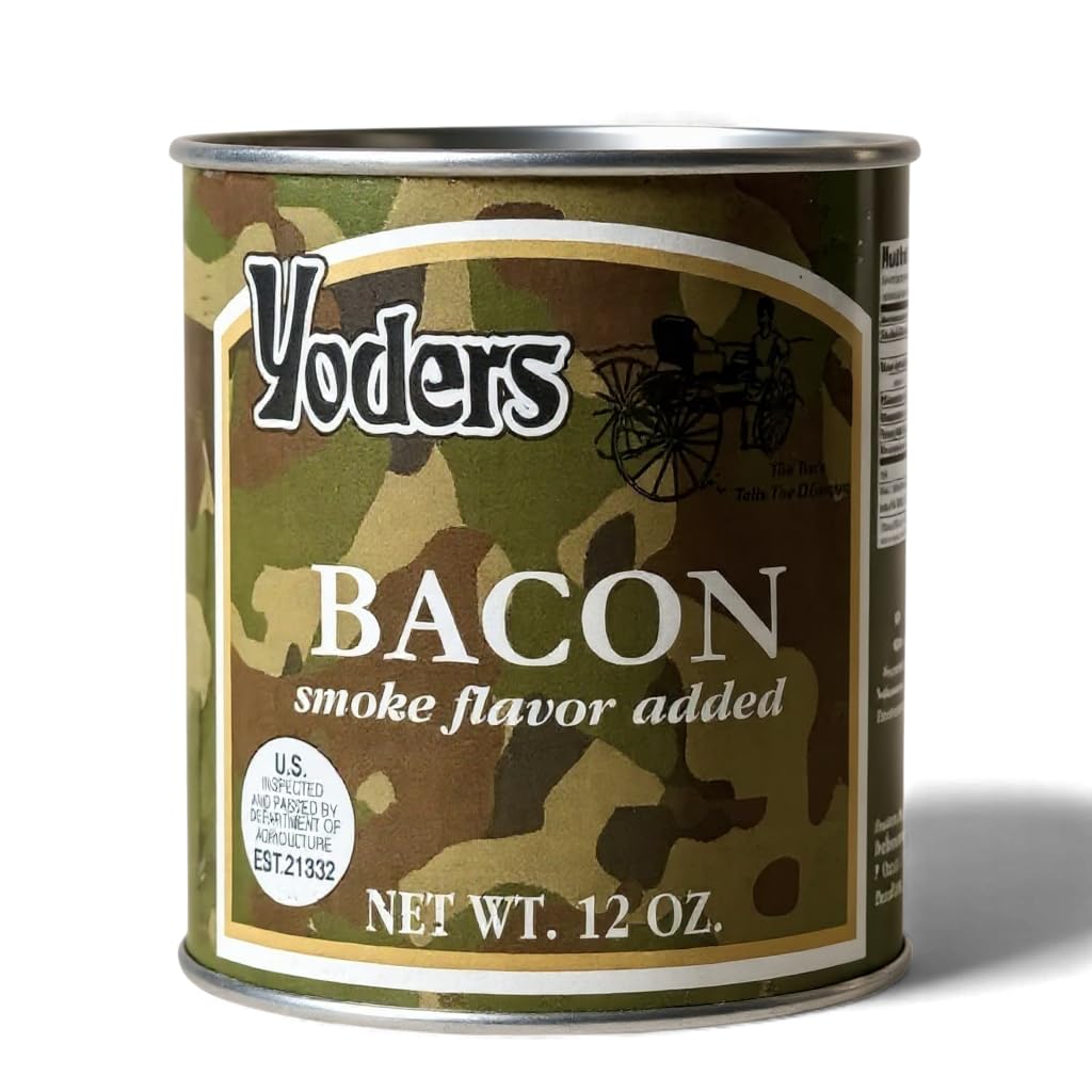 Future Essentials Yoder's canned bacon packshot: ready-to-eat protein for emergencies.
