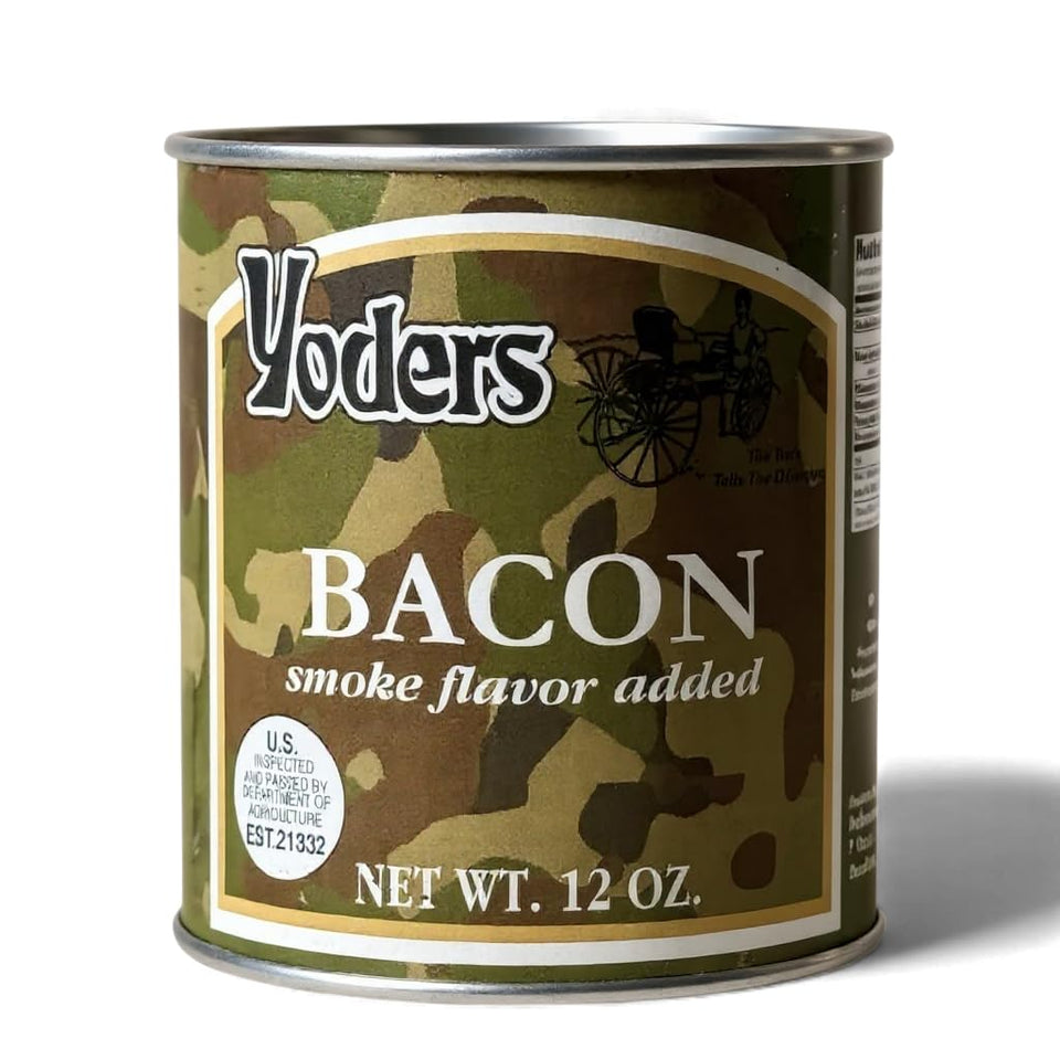 Future Essentials Yoder's canned bacon packshot: ready-to-eat protein for emergencies.