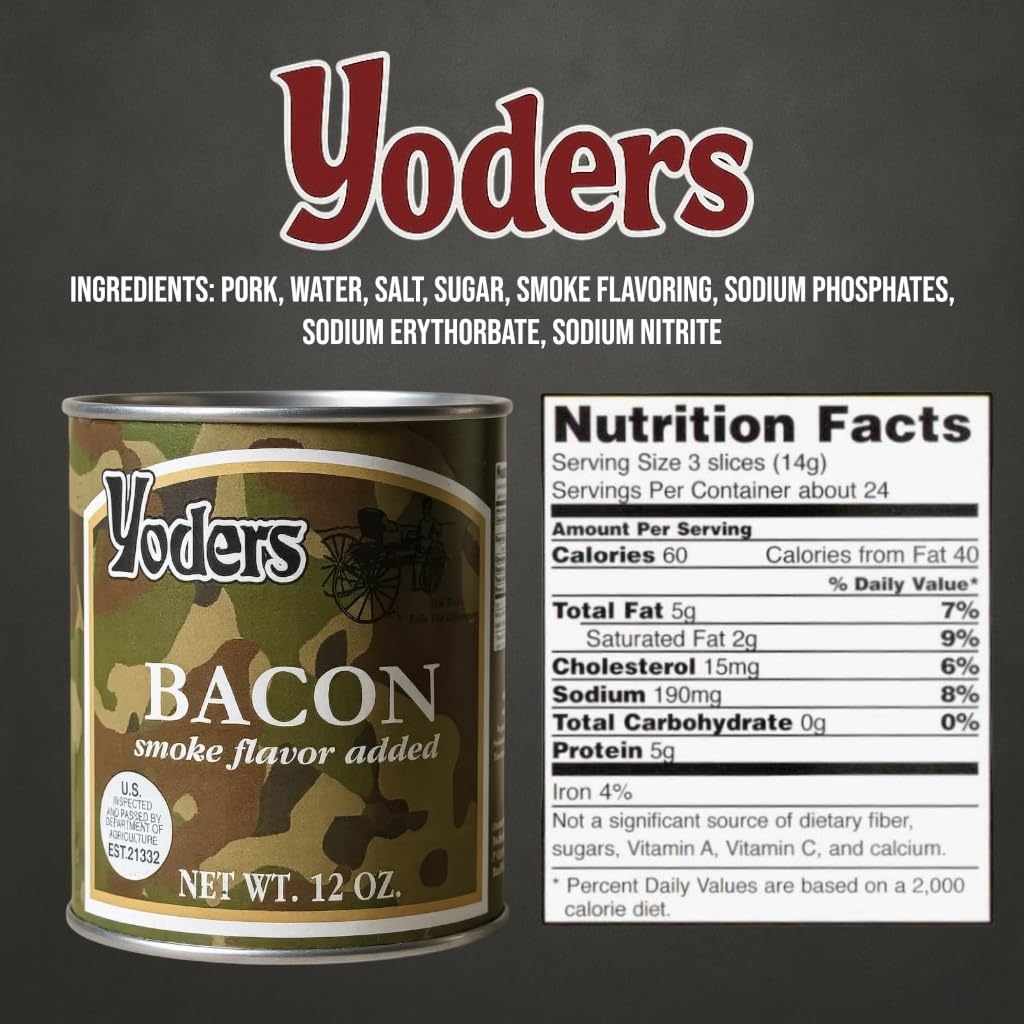 Future Essentials Yoder's canned bacon serving plate showing quick breakfast options.