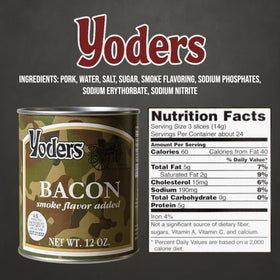 Future Essentials Yoder's canned bacon serving plate showing quick breakfast options.