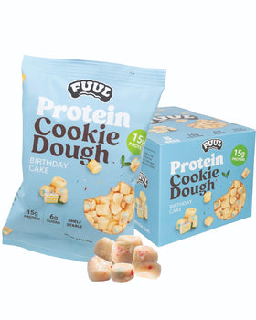 FUUL Birthday Cake Cookie Dough in a bag, a protein-packed snack for active days.