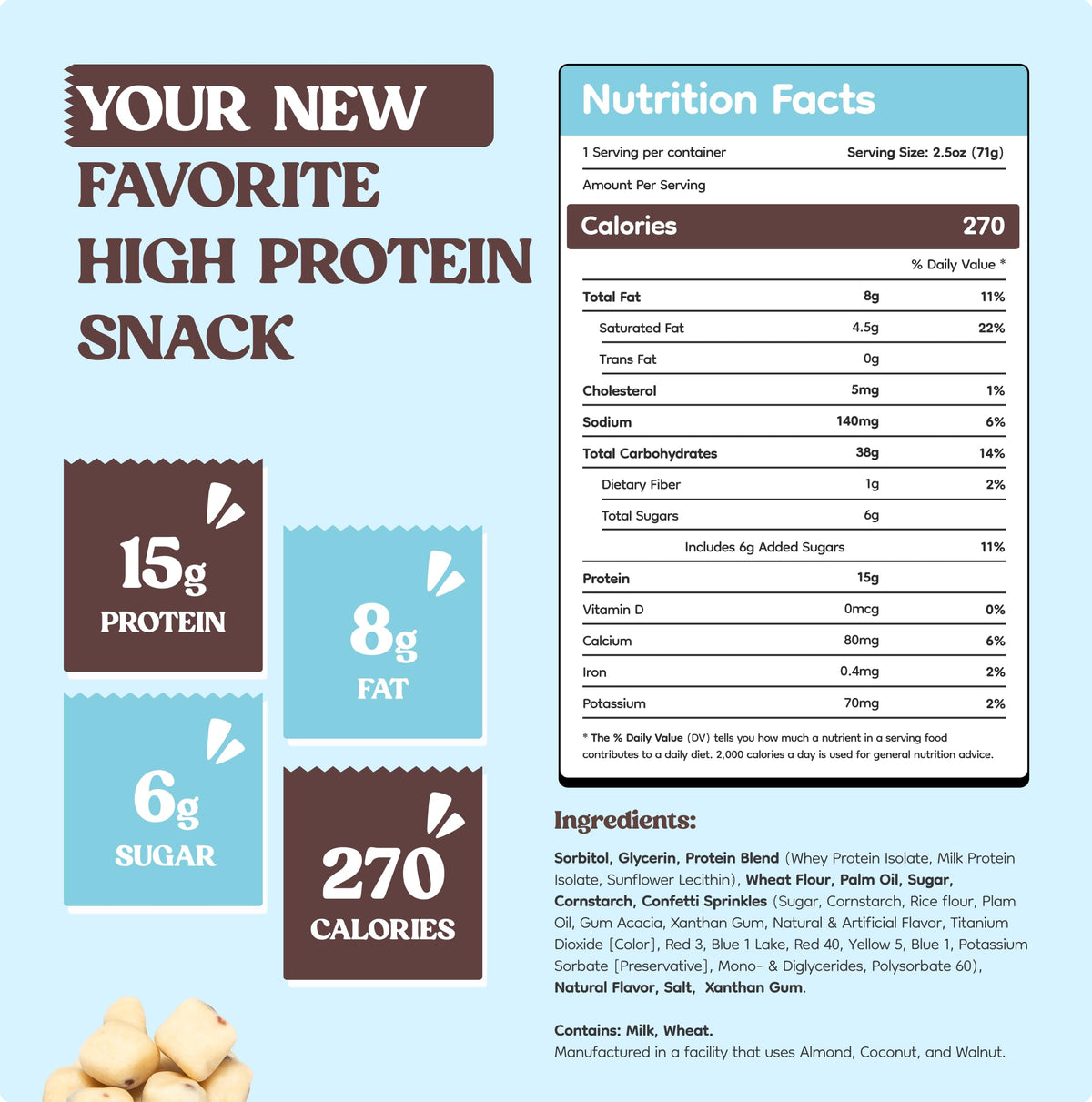 FUUL Protein Cookie Dough Birthday Cake bites show a smooth texture for convenient bites.