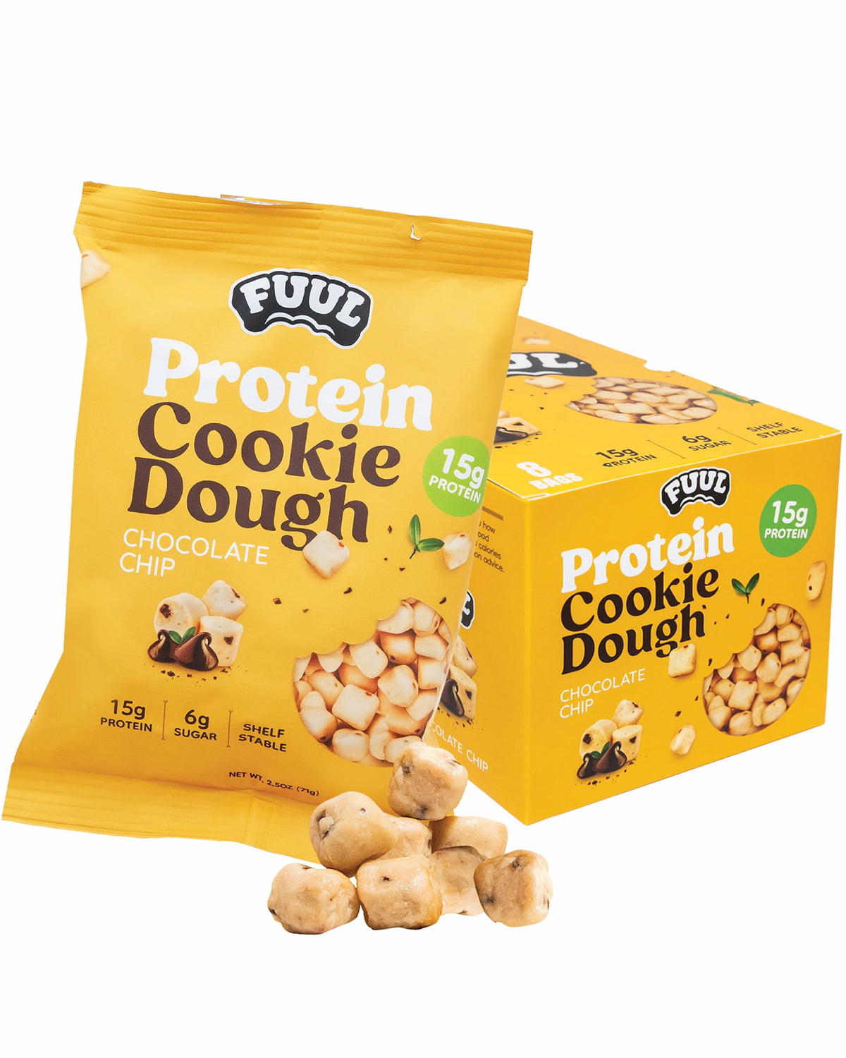 FUUL Protein Cookie Dough Chocolate Chip front packaging showing grab-and-go snack benefits