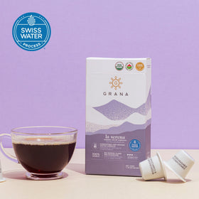 G Grana compostable capsules pack emphasizes eco-friendly, plug-and-play decaf option.
