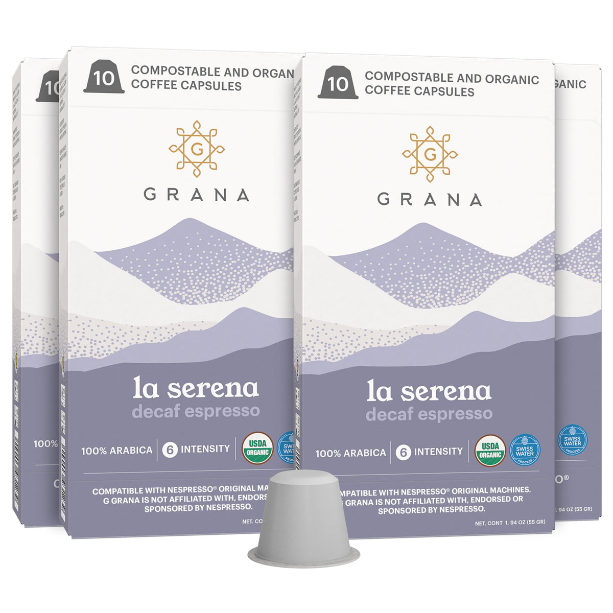 G Grana Decaf Coffee Pod packaging showcases USDA Organic credentials and a sustainable single-origin story.