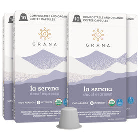 G Grana Decaf Coffee Pod packaging showcases USDA Organic credentials and a sustainable single-origin story.