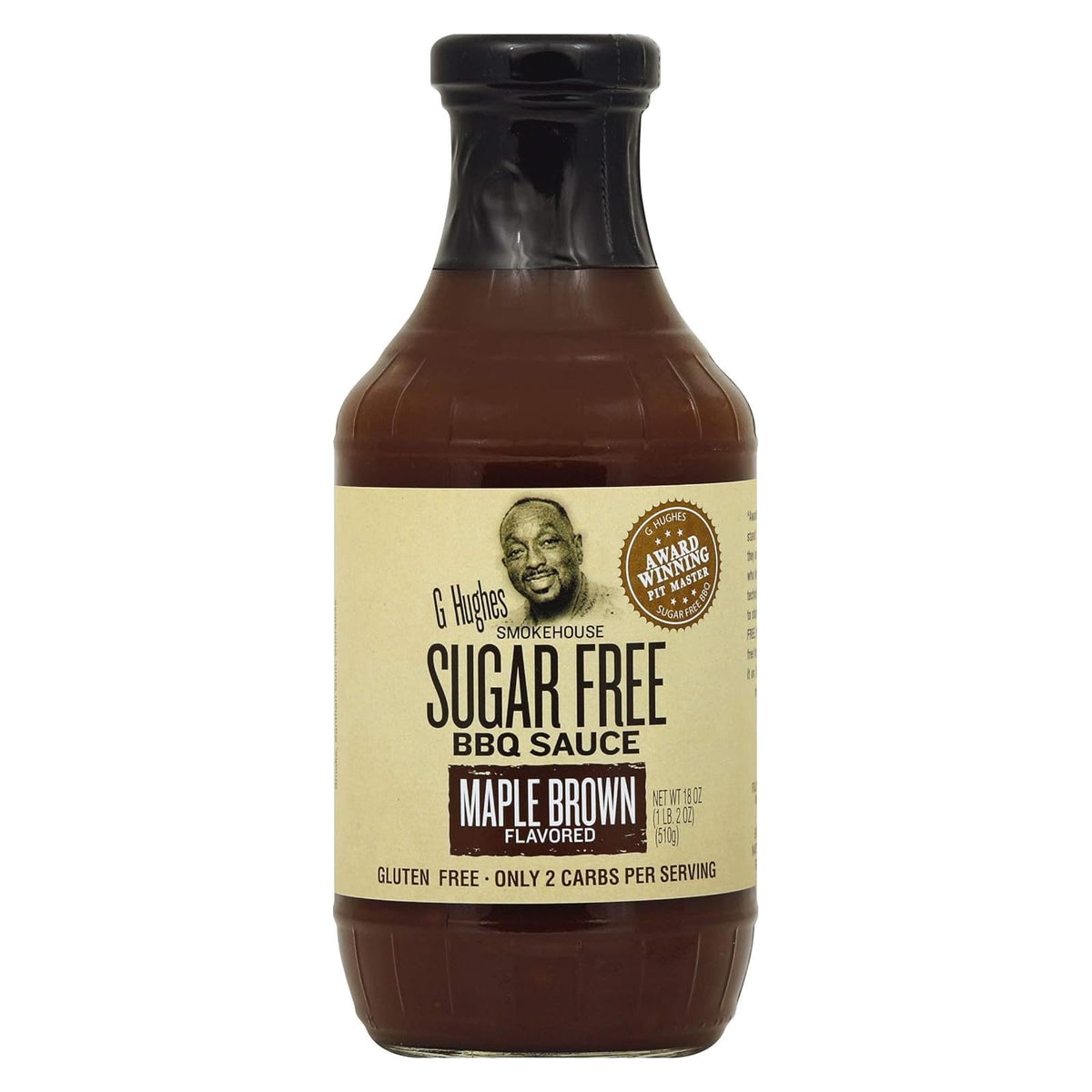 G Hughes SugarFree Maple Brown BBQ sauce bottle adds rich flavor without sugar