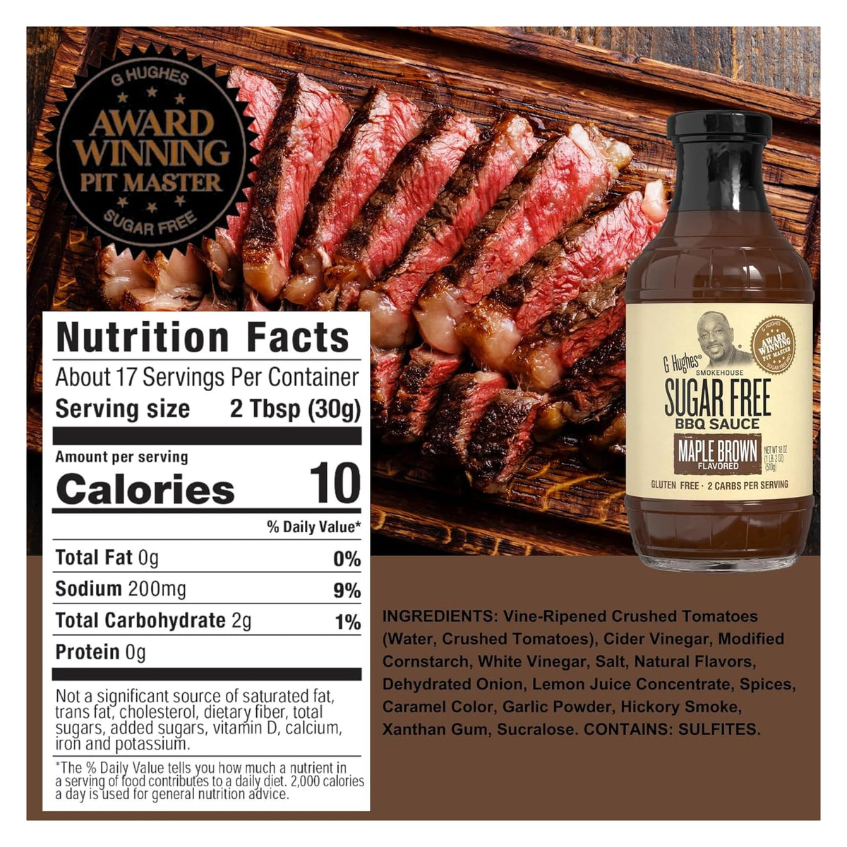 G Hughes SugarFree Maple Brown BBQ sauce pour showcases glossy glaze for grilled meats