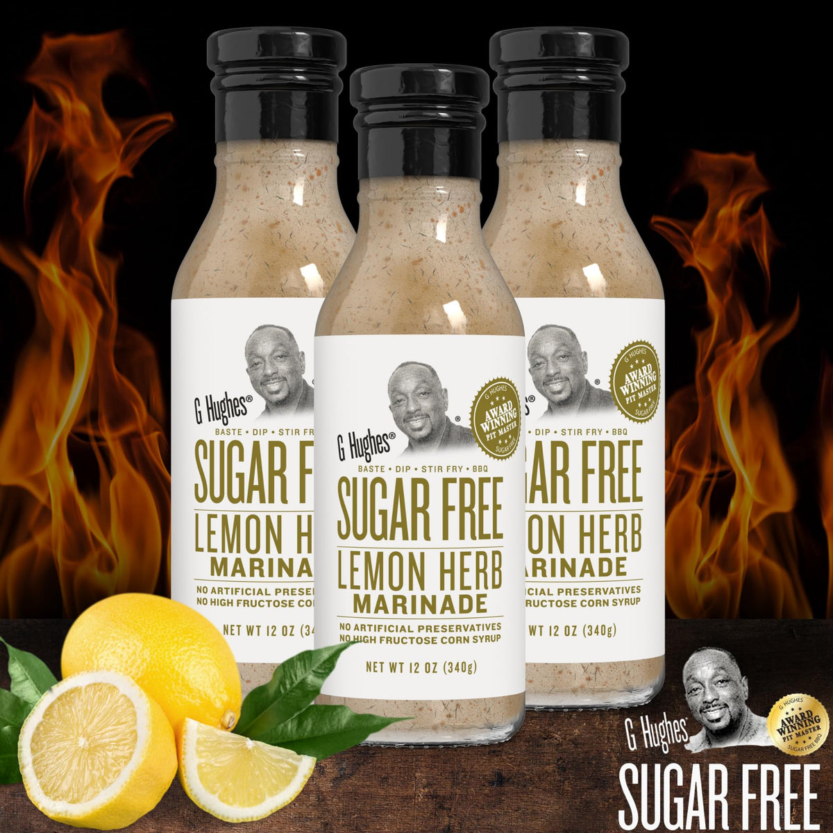 G Hughes Lemon Herb Marinade bottle back label shows gluten-free and sugar-free promise.