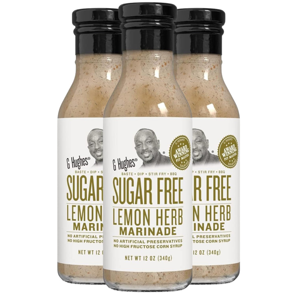 G Hughes Lemon Herb Marinade bottle front adds a zesty flavor to chicken.