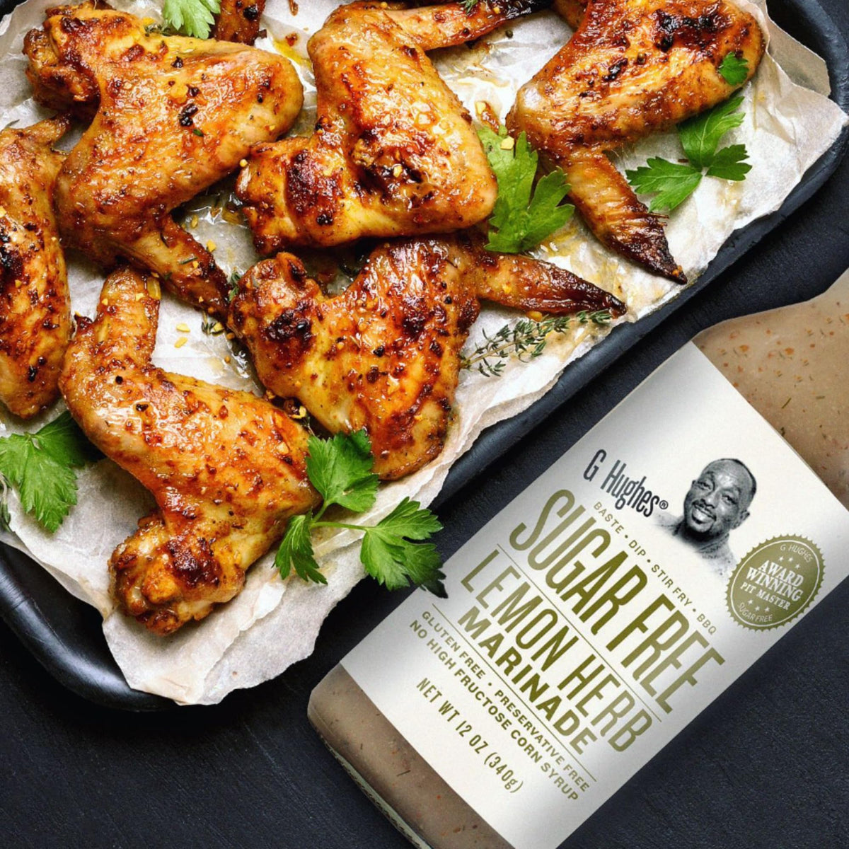 Close up of ingredients panel on G Hughes Lemon Herb Marinade.
