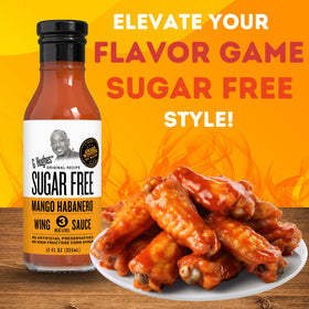 G Hughes Mango Habanero Wing Sauce bottle closeup reveals gluten-free and sugar-free labeling.