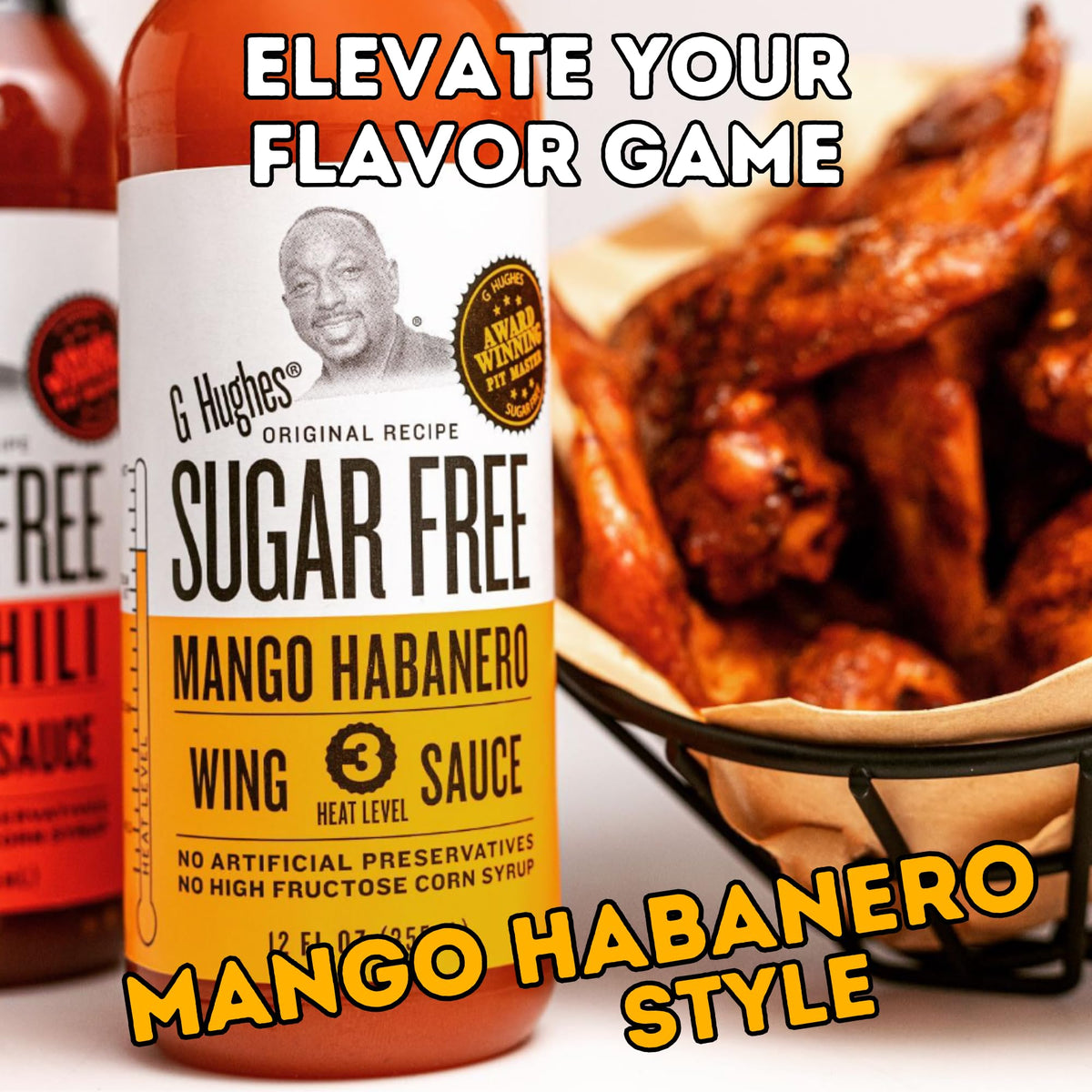 G Hughes Mango Habanero Wing Sauce glass bottle front showcases bold flavor for chicken.
