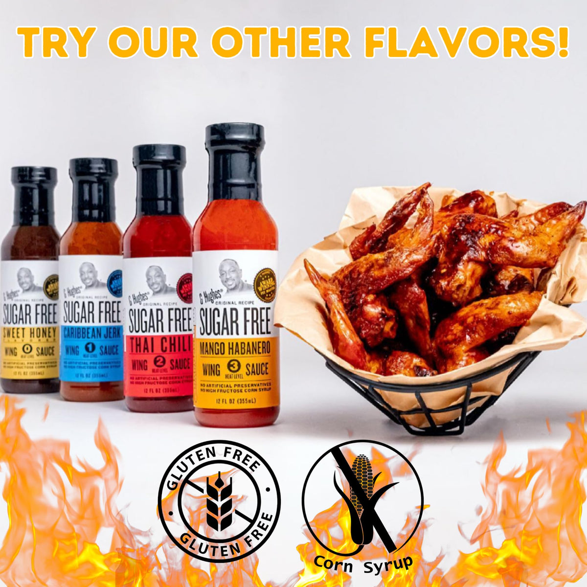 G Hughes Mango Habanero Wing Sauce three-pack packaging for pantry-ready flavor.
