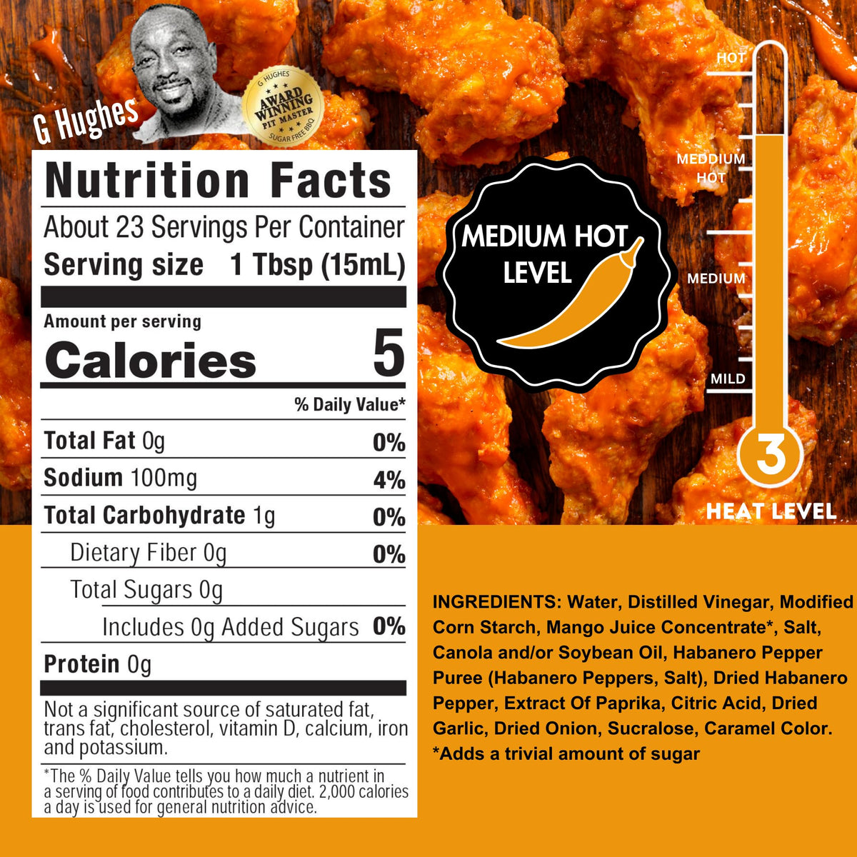 G Hughes Mango Habanero Wing Sauce wings dipping glaze for barbecue or snacks.