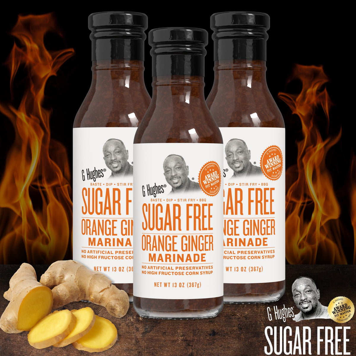 G Hughes Orange Ginger Marinade pour-ready bottle for quick gluten-free weeknight meals.