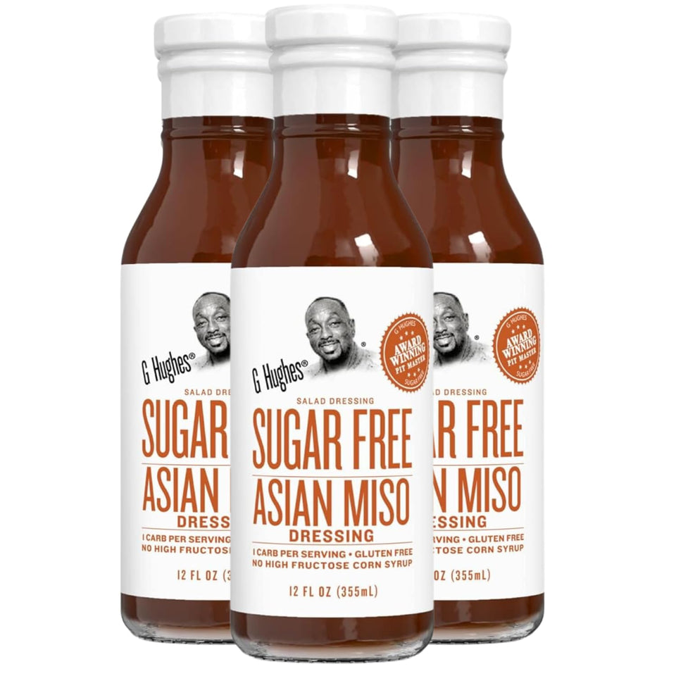 G Hughes Sugar Free Asian Miso Dressing bottle ready for keto-friendly salads.