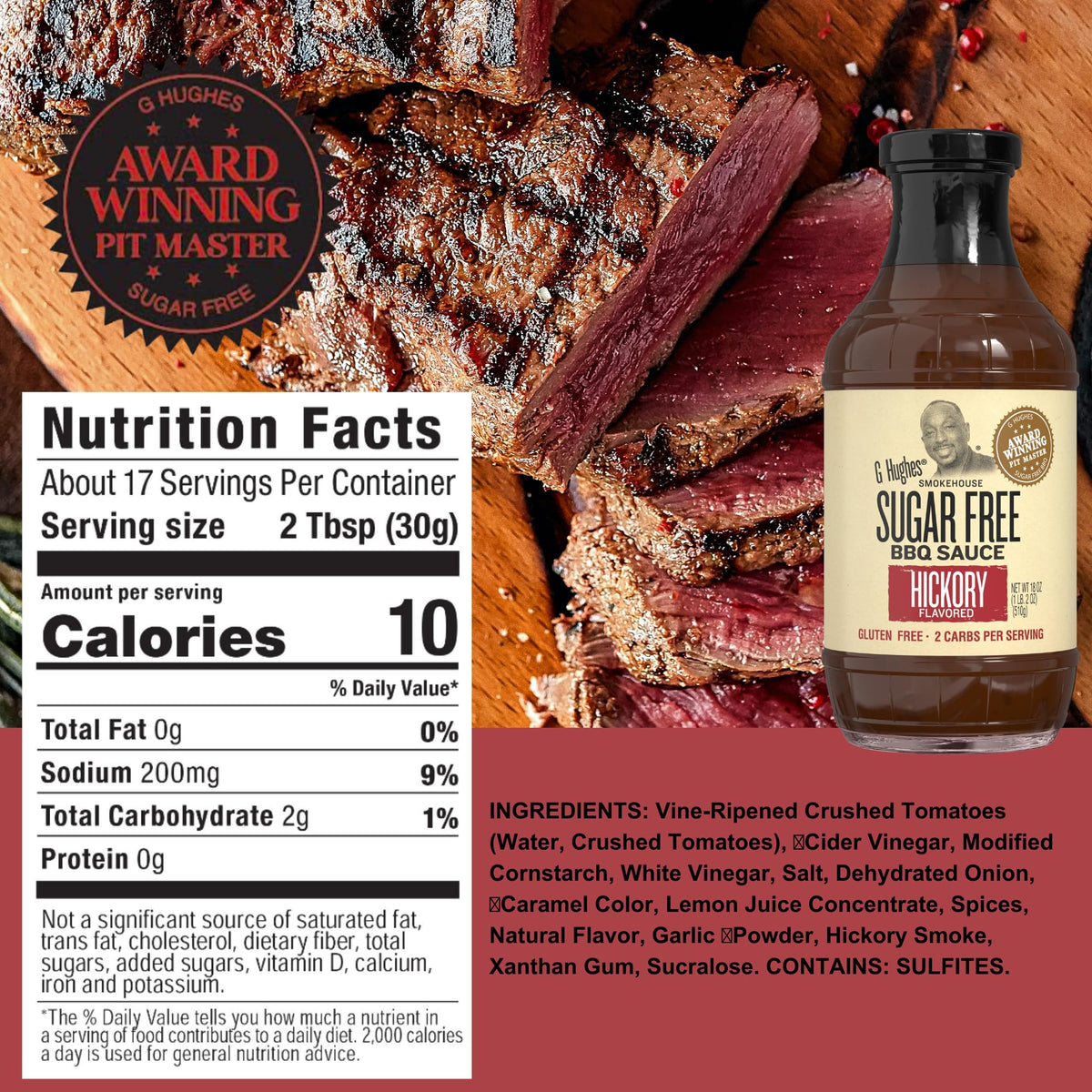 G Hughes sugar-free gluten-free label signals safe, tasty sauce ready to use.